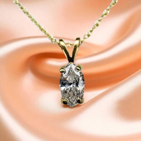 14k Gold- Natural Diamond Necklace- .40 CT- Marquise Diamond -18"- Solitaire-1g - Picture 7 of 16